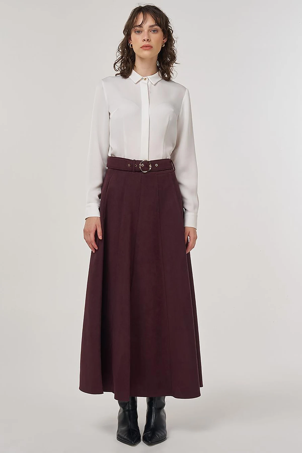Flared Suede Skirt with Belt in Dark Burgundy