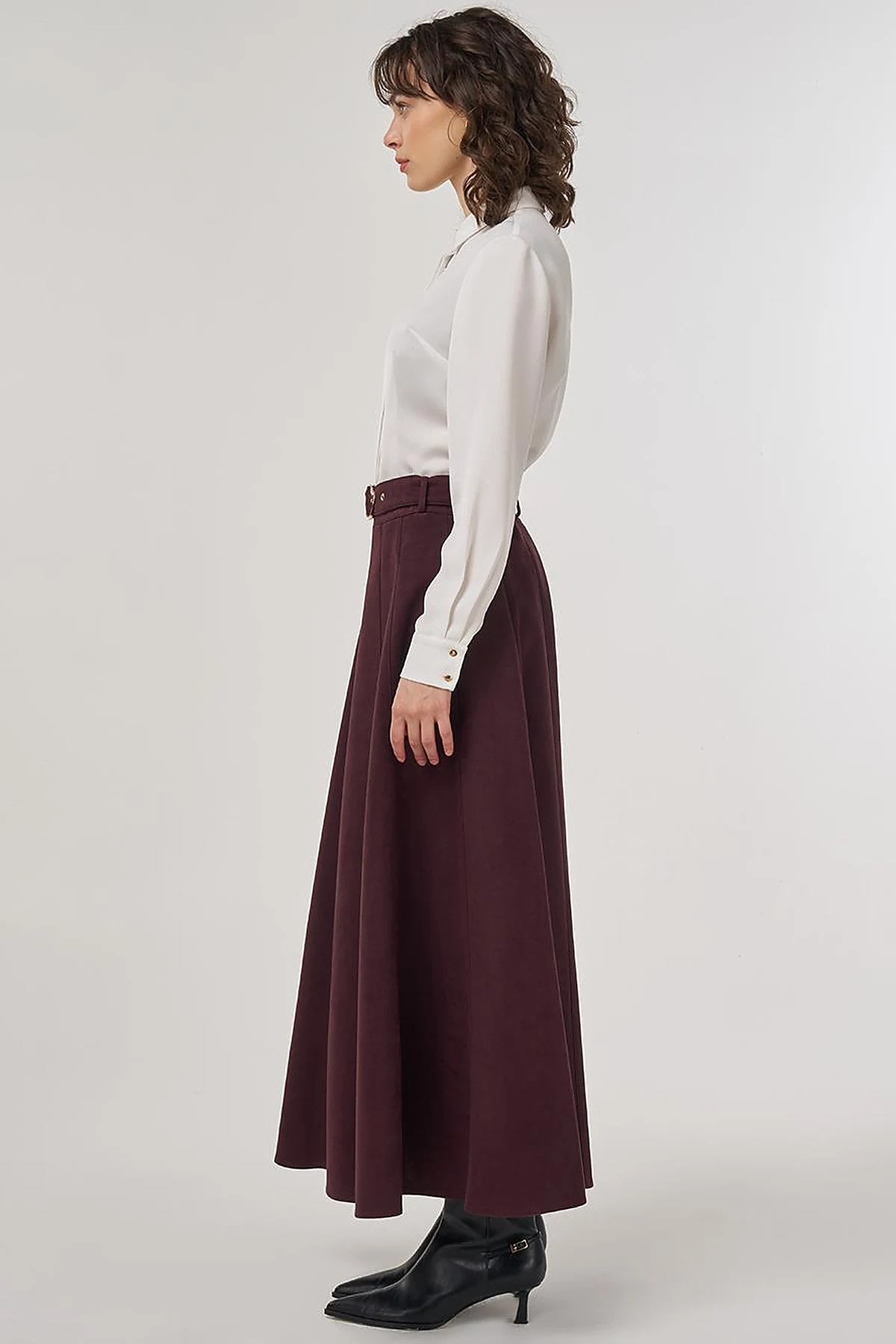 Flared Suede Skirt with Belt in Dark Burgundy