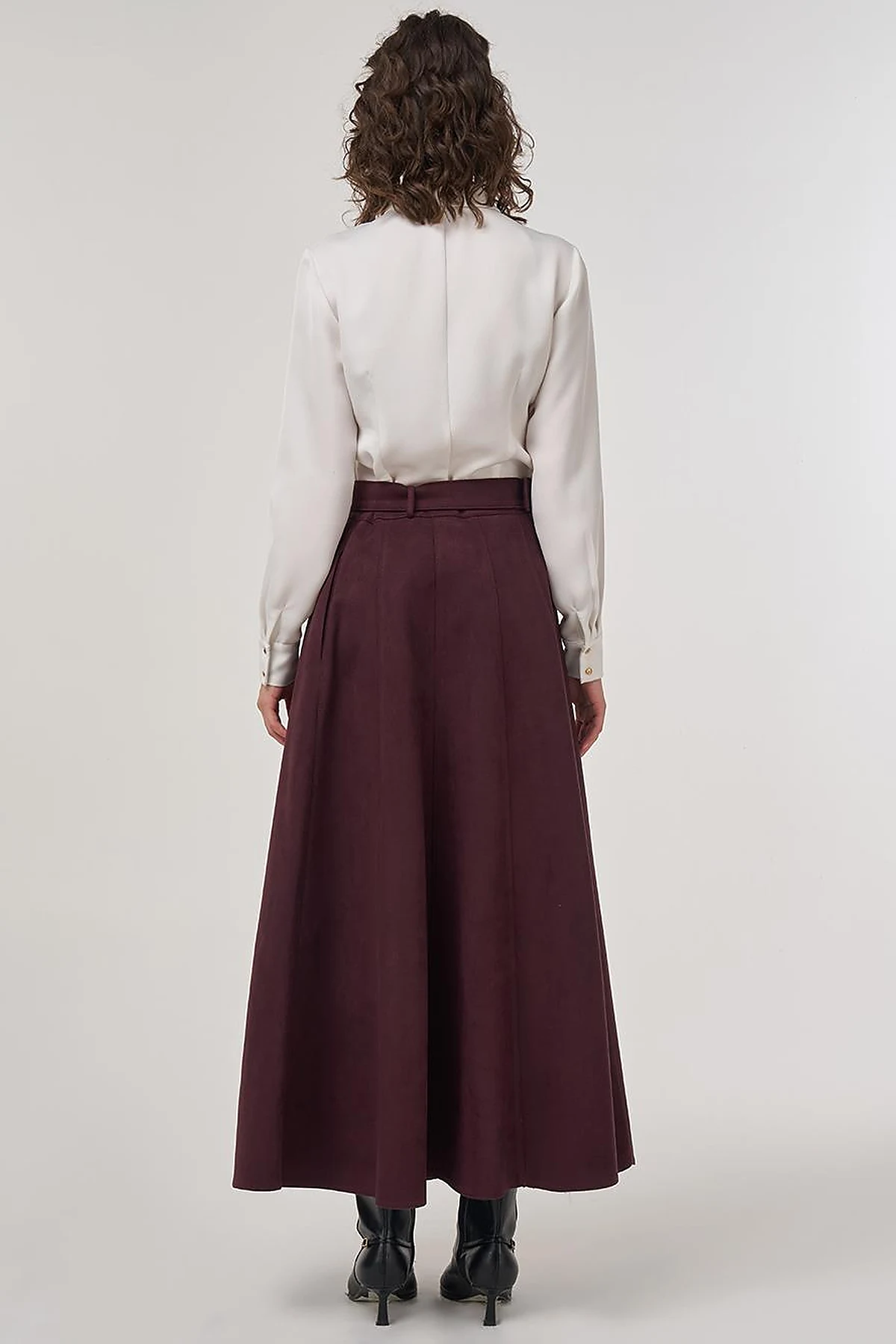 Flared Suede Skirt with Belt in Dark Burgundy
