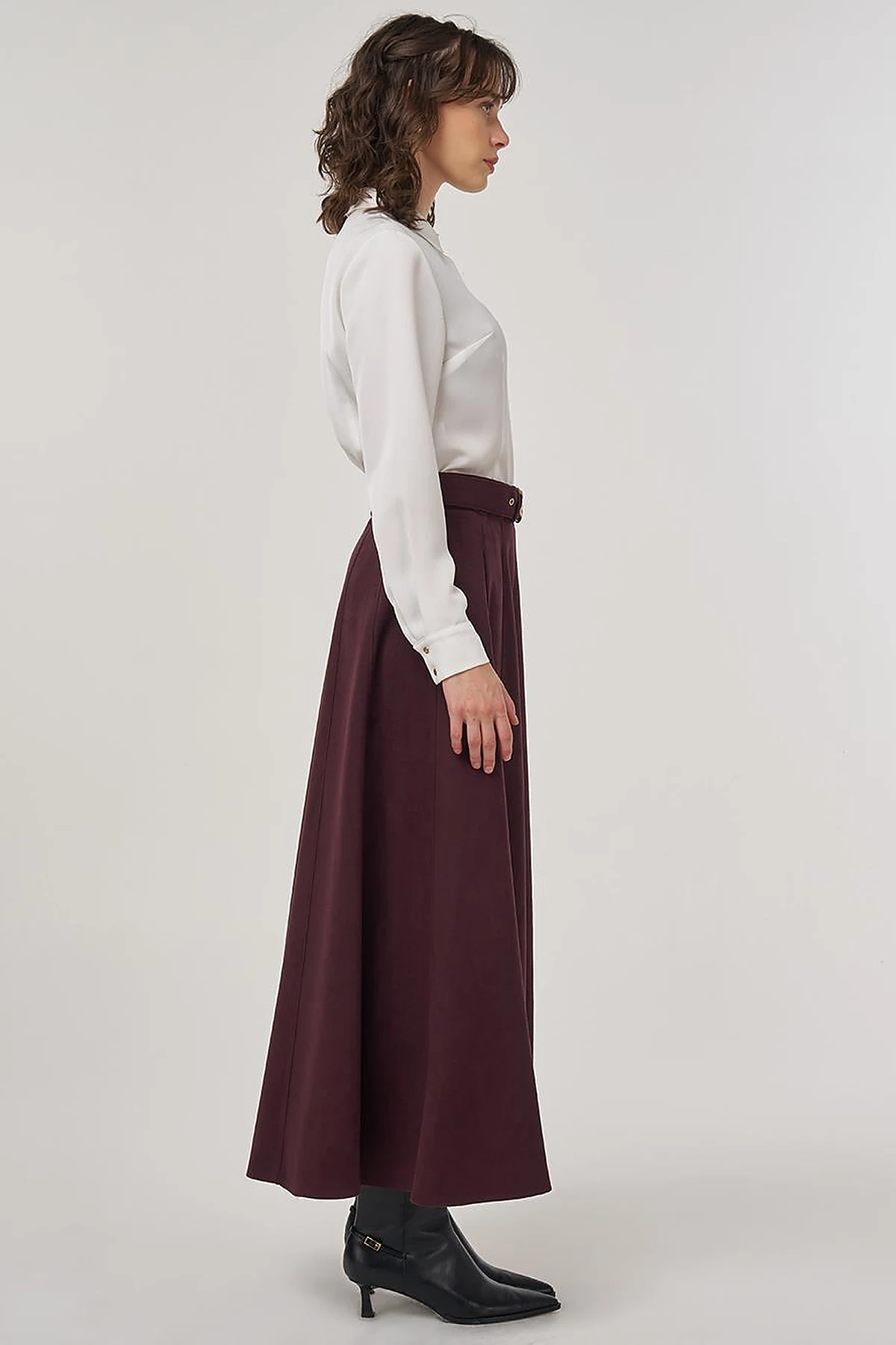 Flared Suede Skirt with Belt in Dark Burgundy