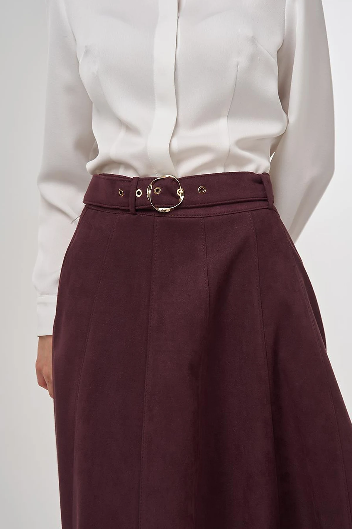Flared Suede Skirt with Belt in Dark Burgundy