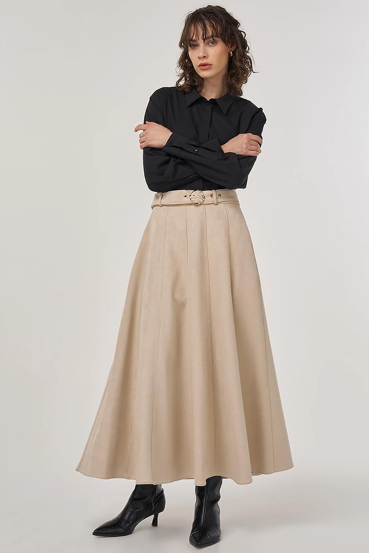 Flared Suede Skirt with Belt in Cream