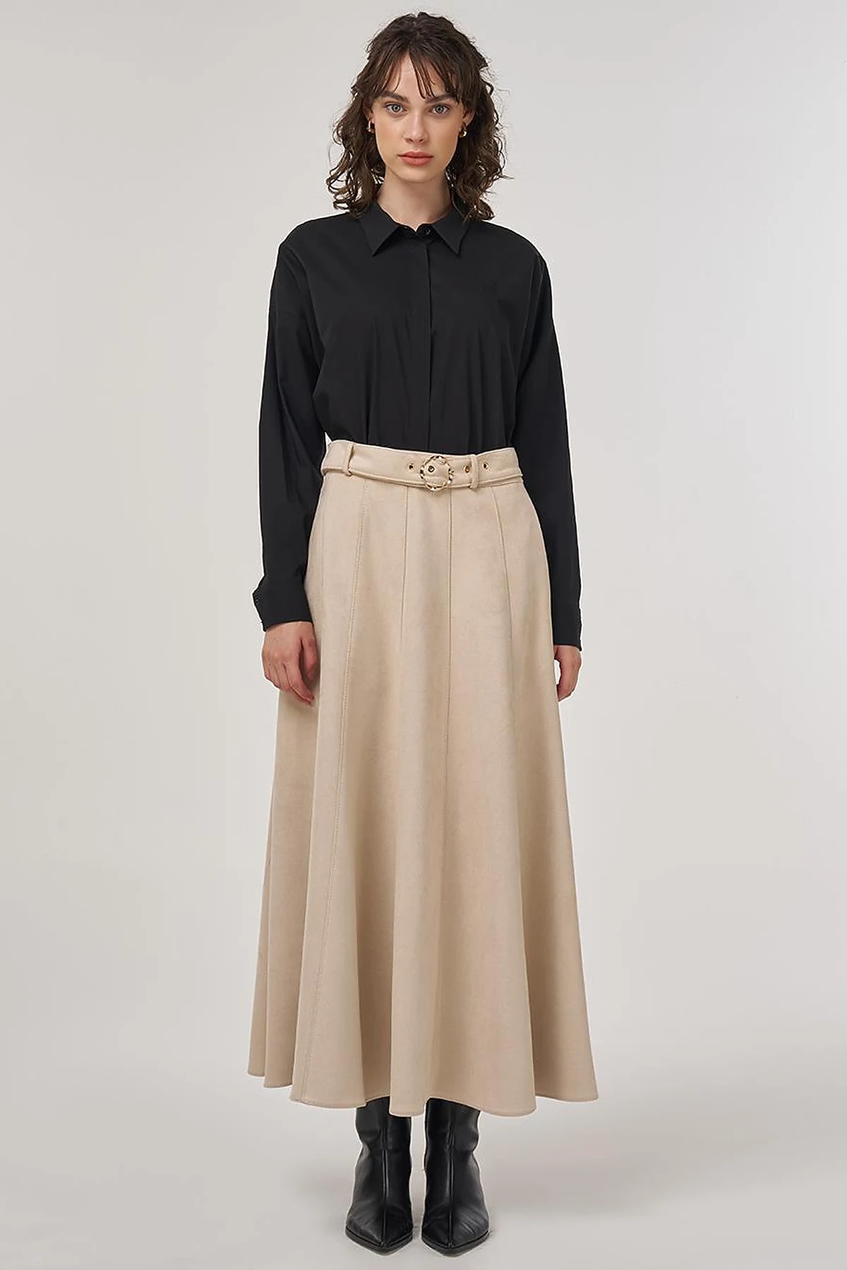 Flared Suede Skirt with Belt in Cream