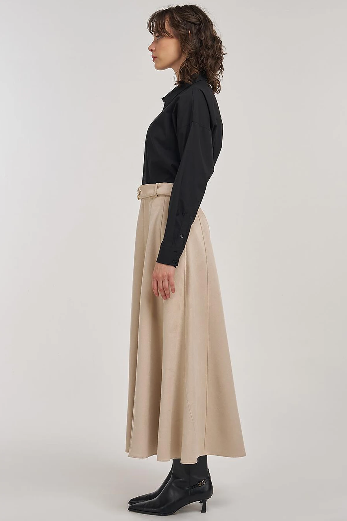 Flared Suede Skirt with Belt in Cream