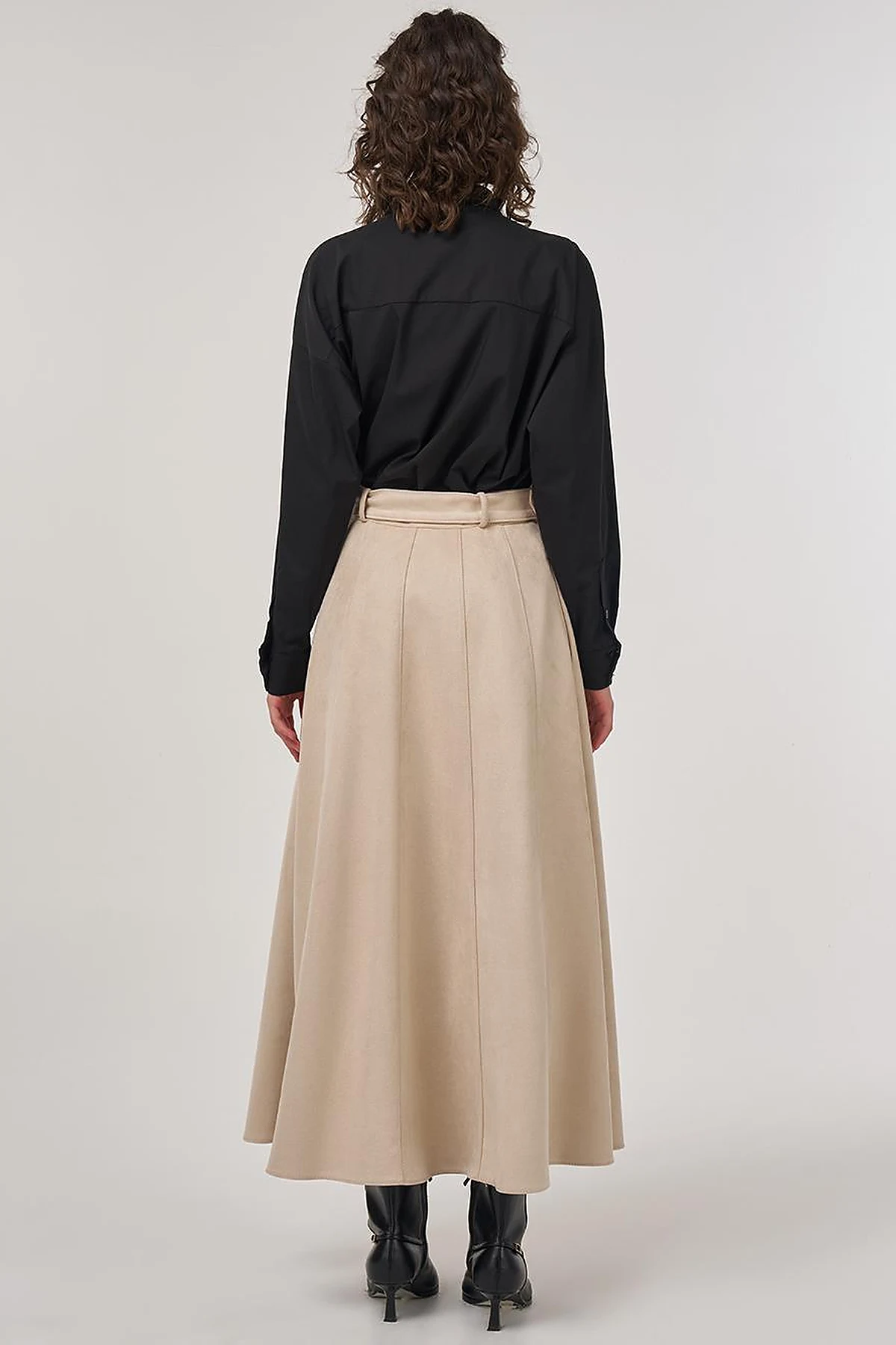 Flared Suede Skirt with Belt in Cream
