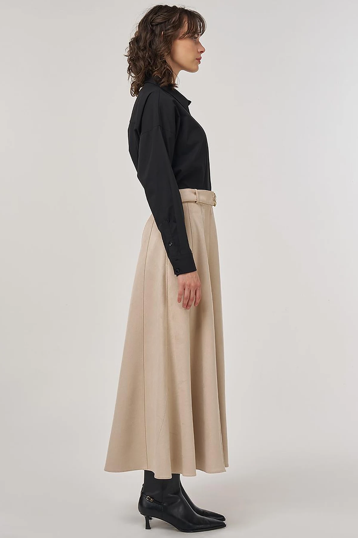 Flared Suede Skirt with Belt in Cream