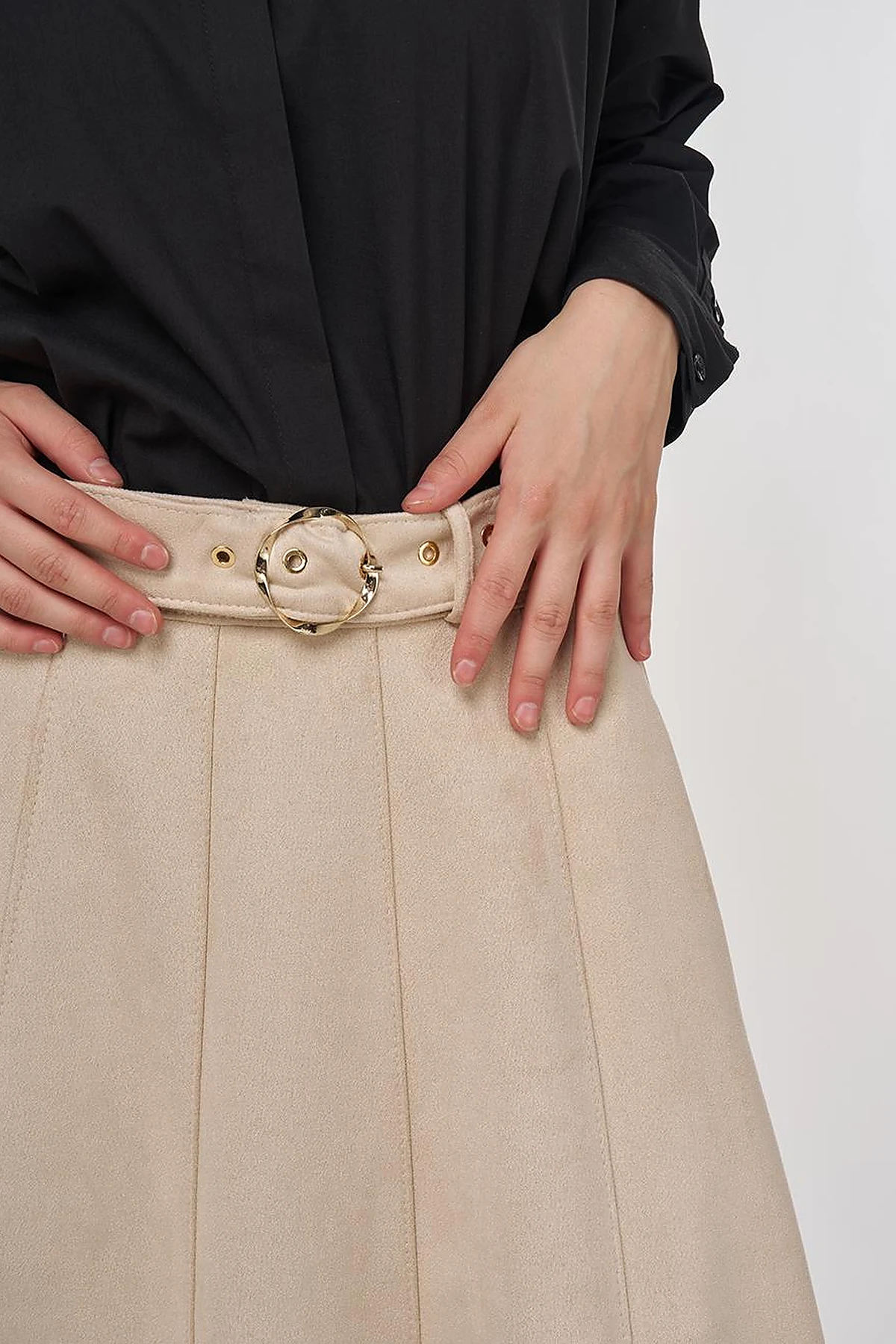 Flared Suede Skirt with Belt in Cream