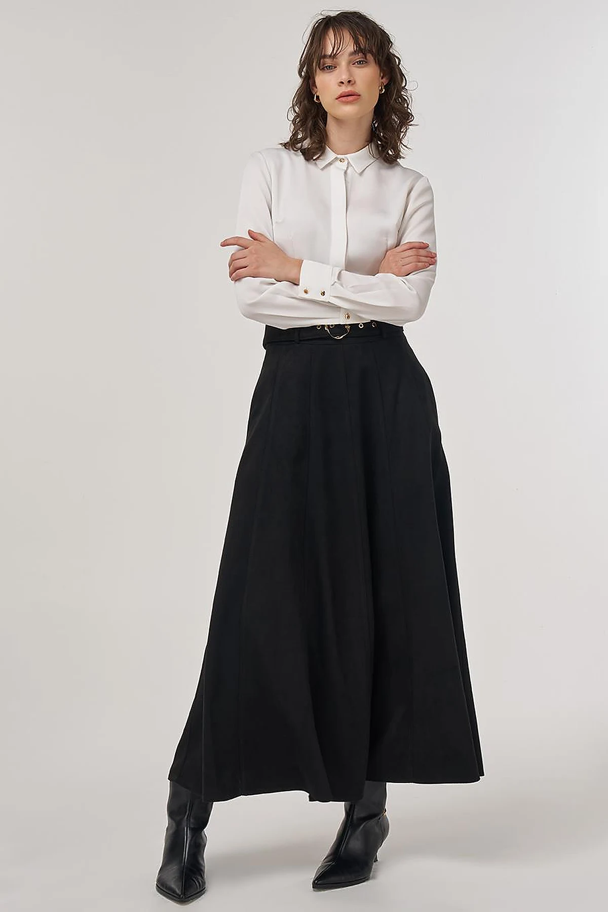 Flared Suede Skirt with Belt in Black