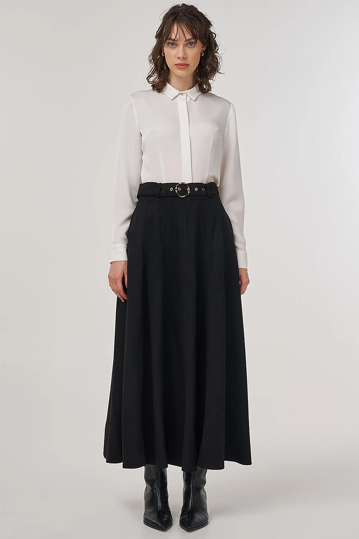 Flared Suede Skirt with Belt in Black