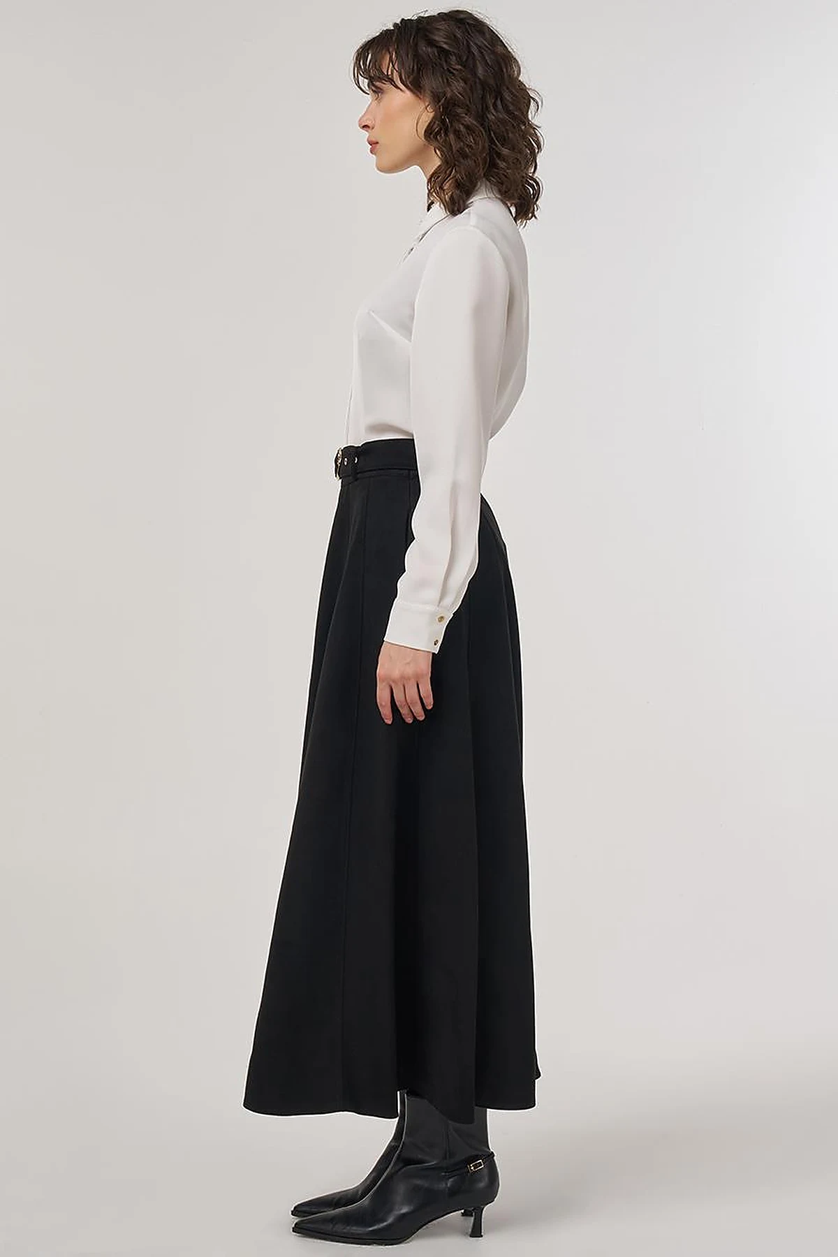 Flared Suede Skirt with Belt in Black