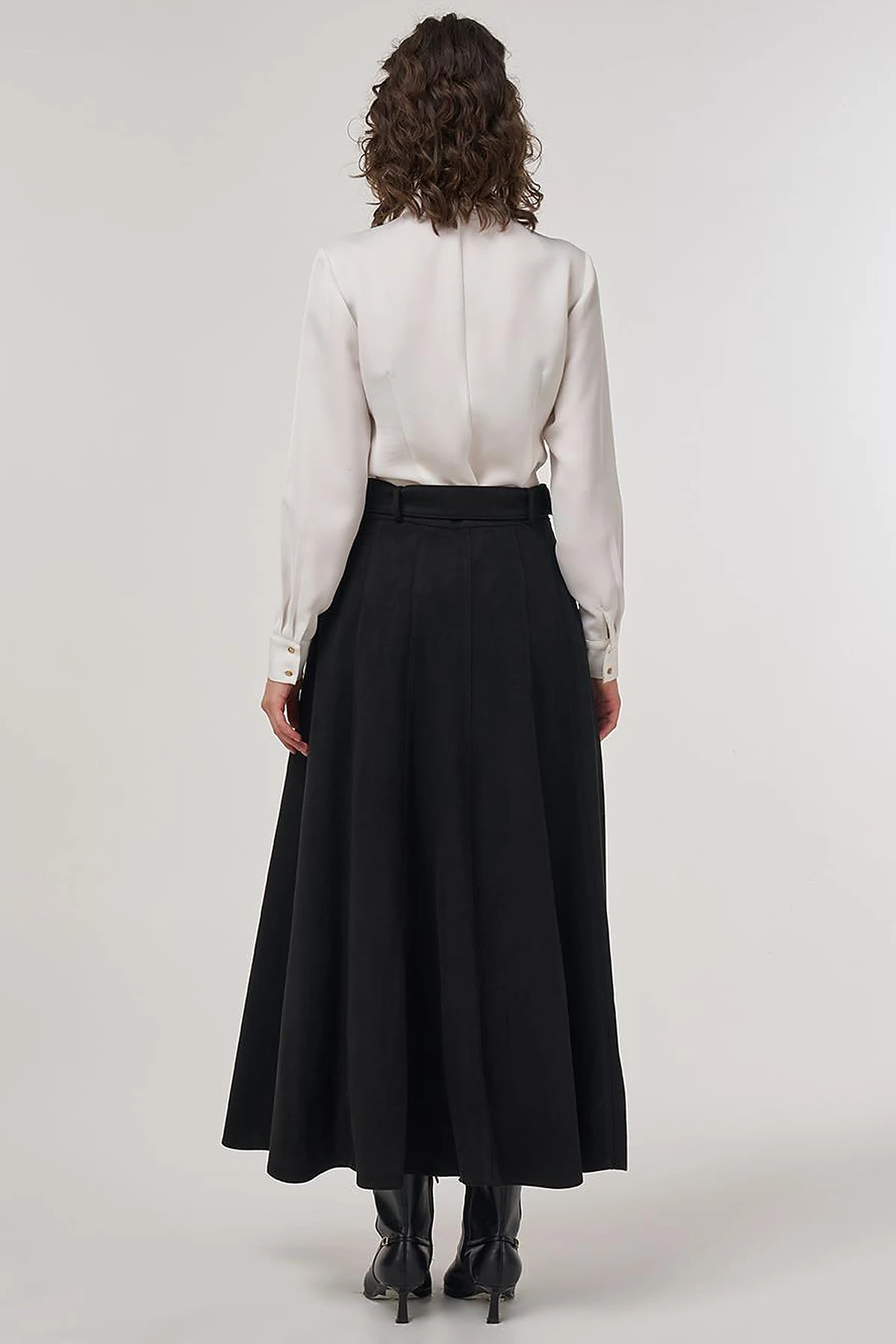 Flared Suede Skirt with Belt in Black