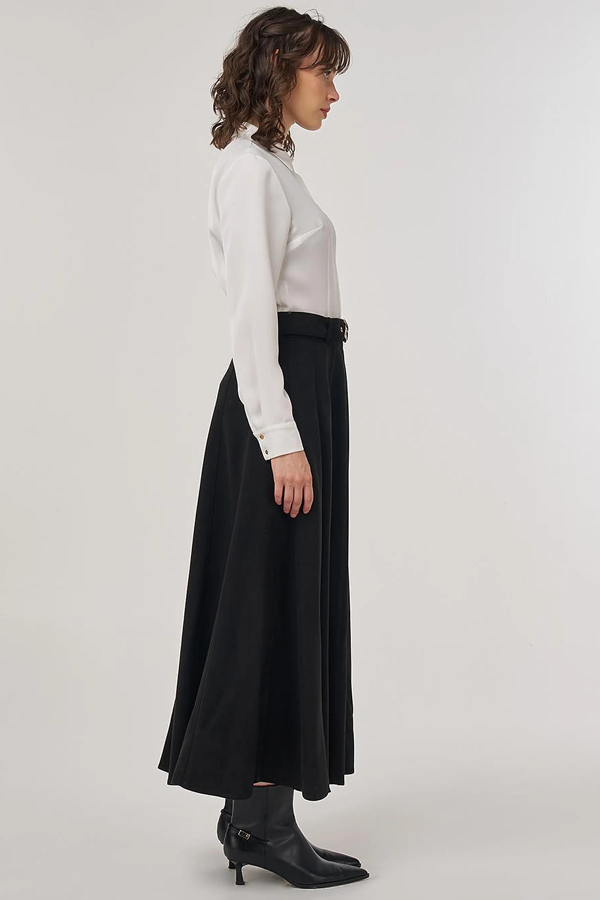 Flared Suede Skirt with Belt in Black
