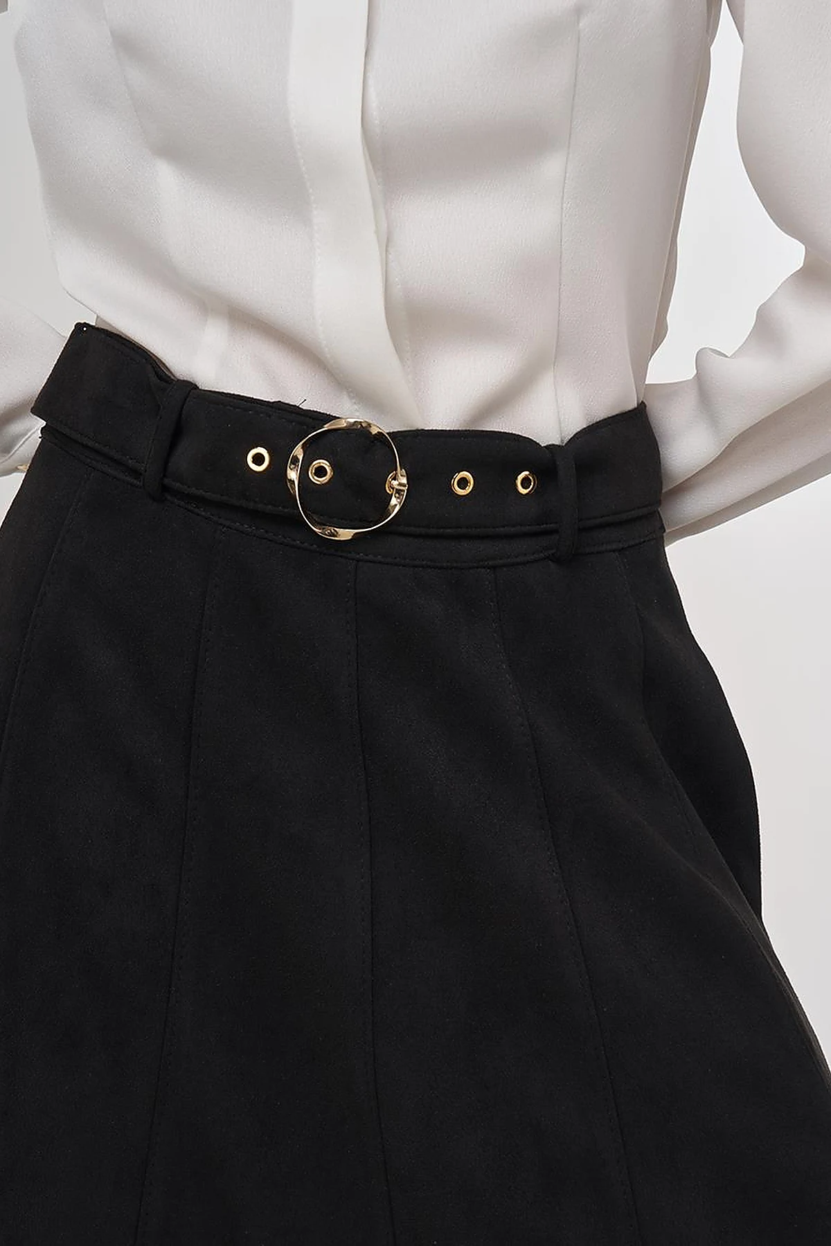 Flared Suede Skirt with Belt in Black