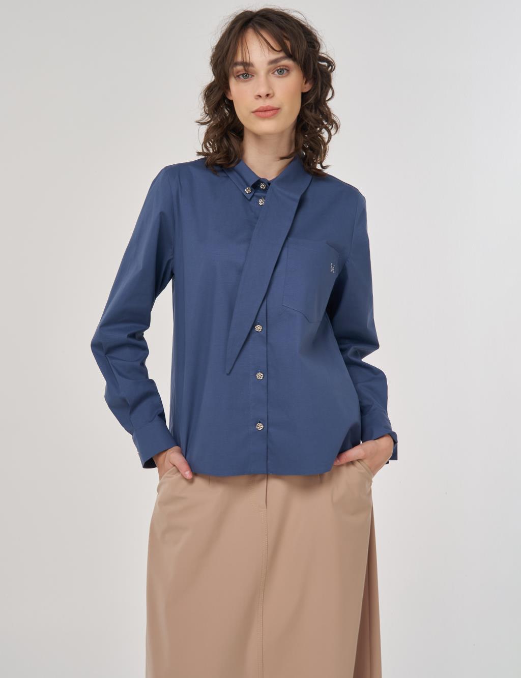 Indigo Cotton Blouse with Collar Detail