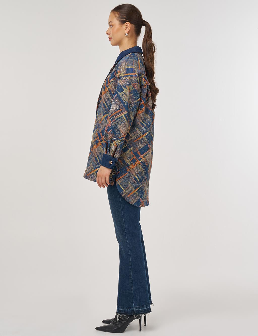 Denim Garnished Patterned Tunic in Pumpkin