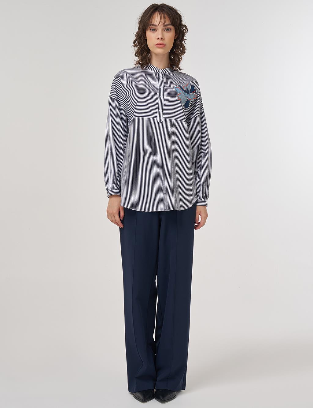Embroidered Appliqued Beaded Mandarin Collar Tunic in Navy Blue