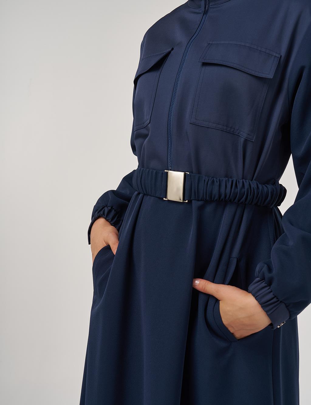 Maxi Dress with Elastic Belt and Flap Pockets in Dark Navy