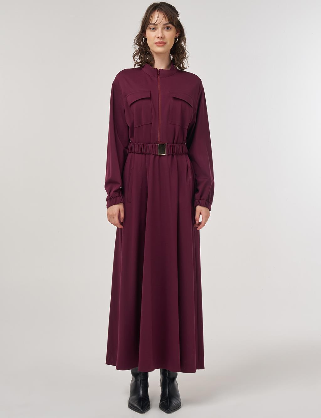 Maxi Dress with Elastic Belt and Flap Pockets in Dark Burgundy