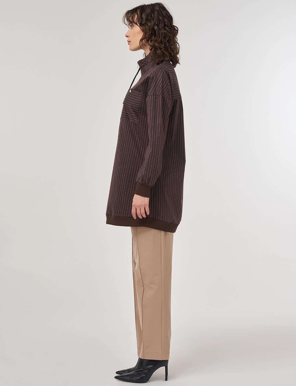 Cotton Tunic with Zipper Detail in Dark Brown