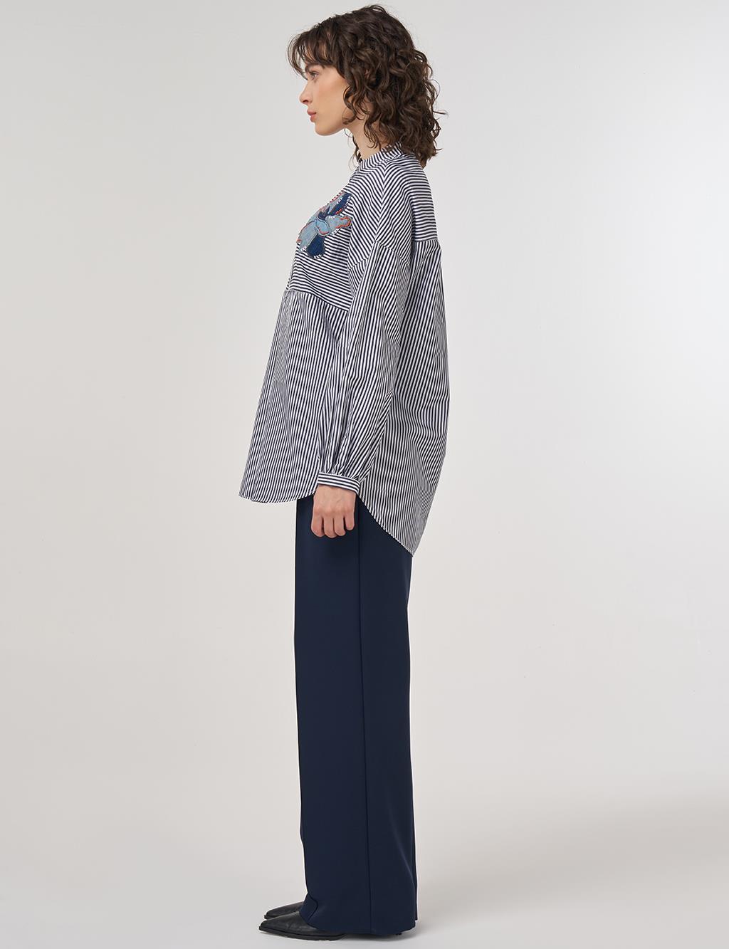 Embroidered Appliqued Beaded Mandarin Collar Tunic in Navy Blue