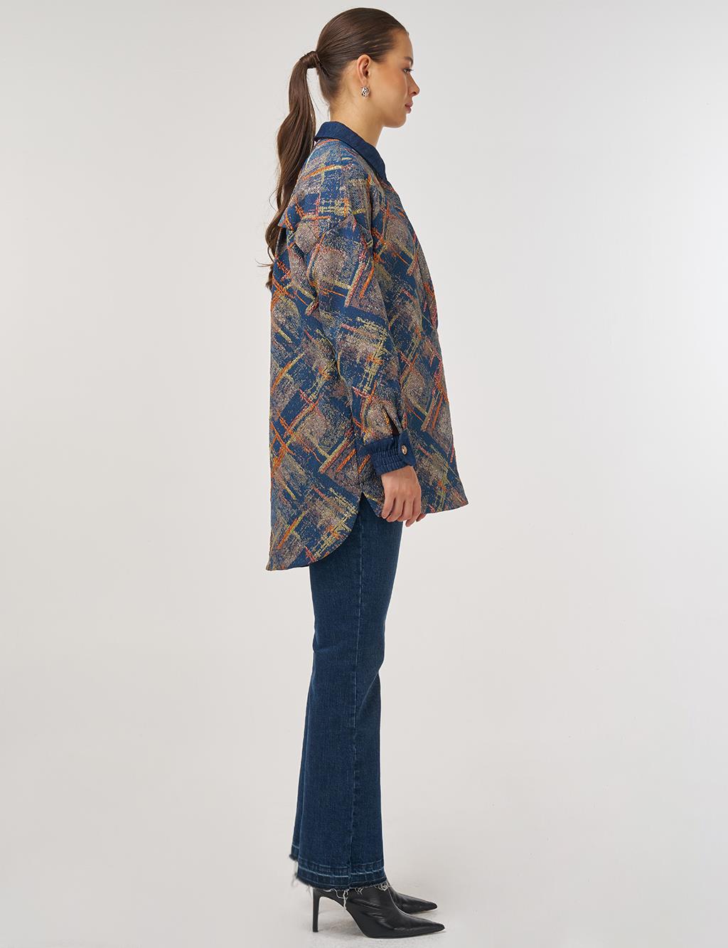 Denim Garnished Patterned Tunic in Pumpkin