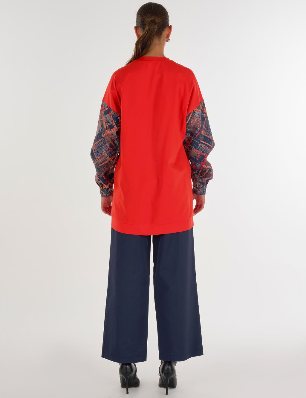 Soyut Desen Kumaş Garnili Cepli Tunik Mercan