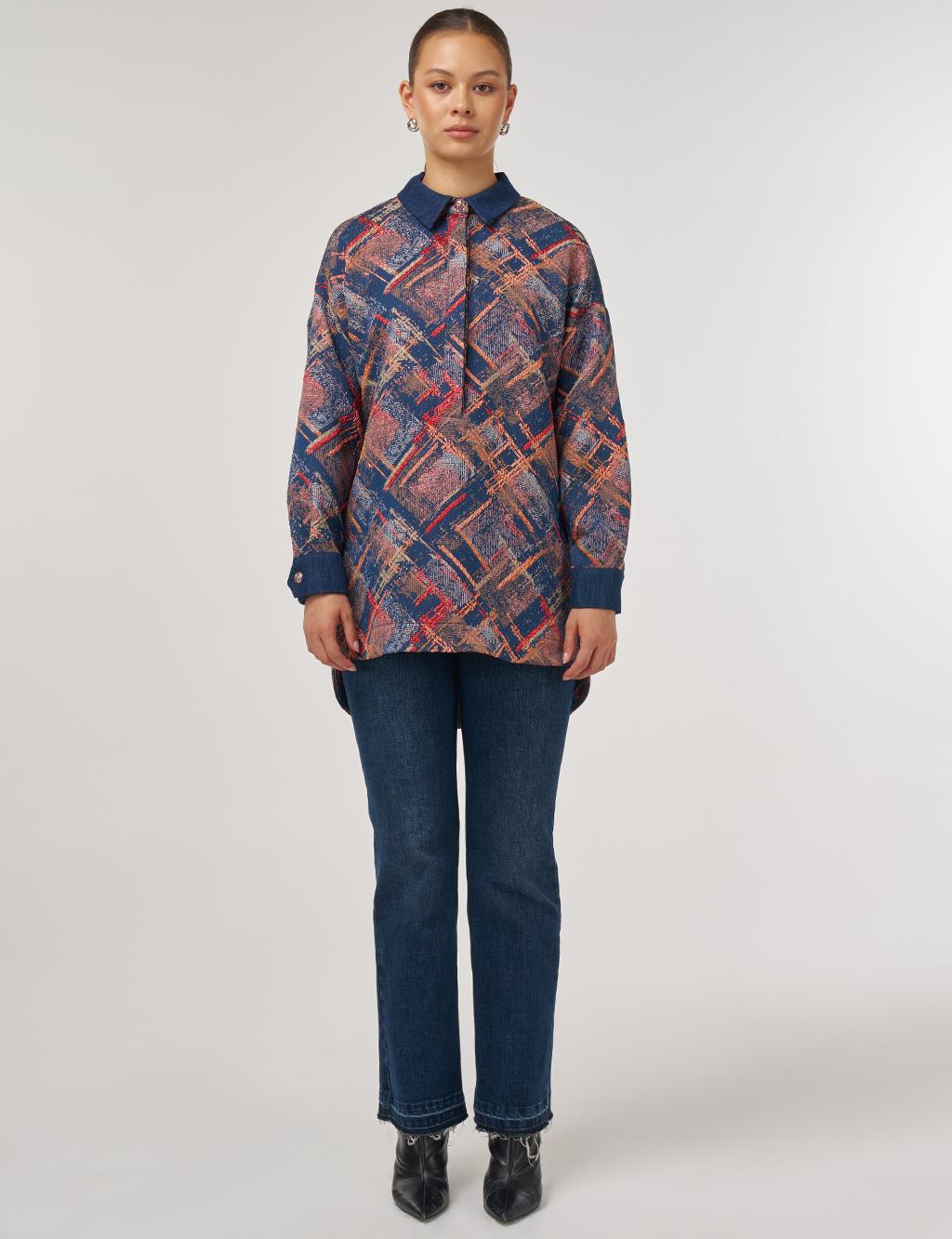 Denim Garnished Patterned Tunic in Red