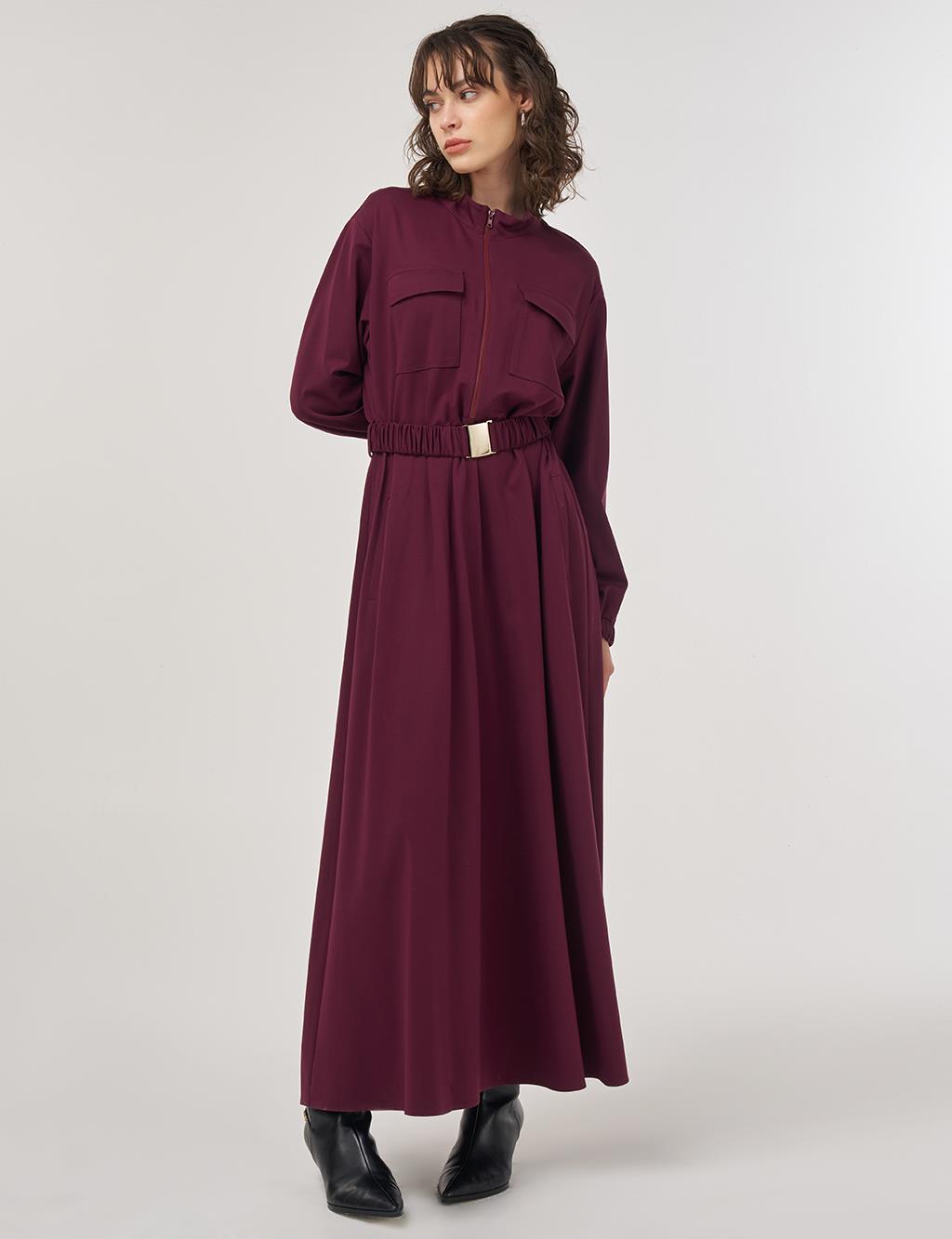 Maxi Dress with Elastic Belt and Flap Pockets in Dark Burgundy
