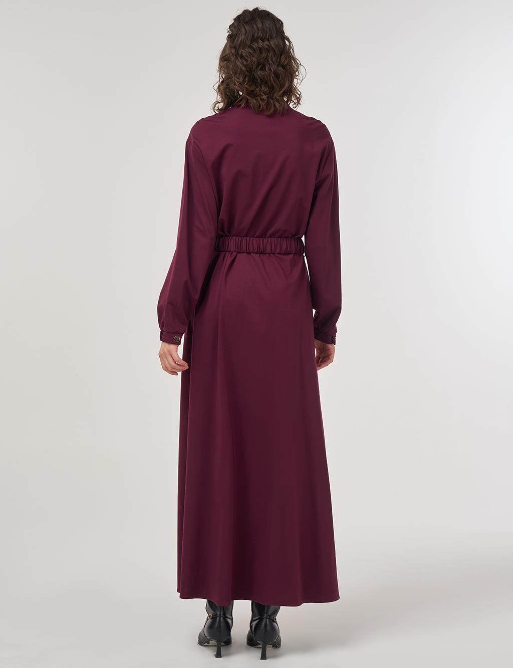 Maxi Dress with Elastic Belt and Flap Pockets in Dark Burgundy