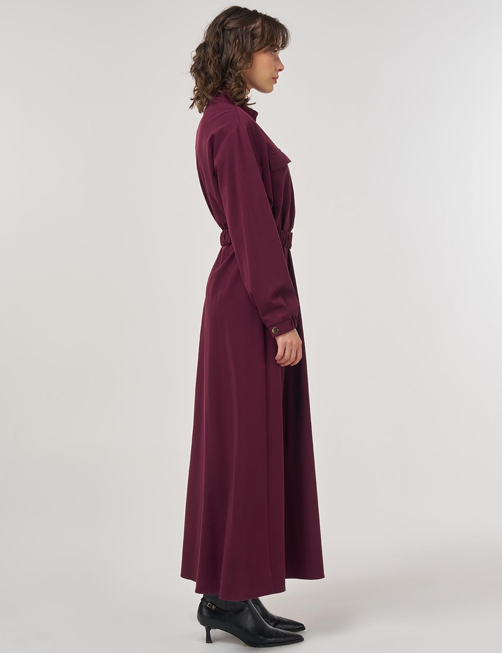 Maxi Dress with Elastic Belt and Flap Pockets in Dark Burgundy