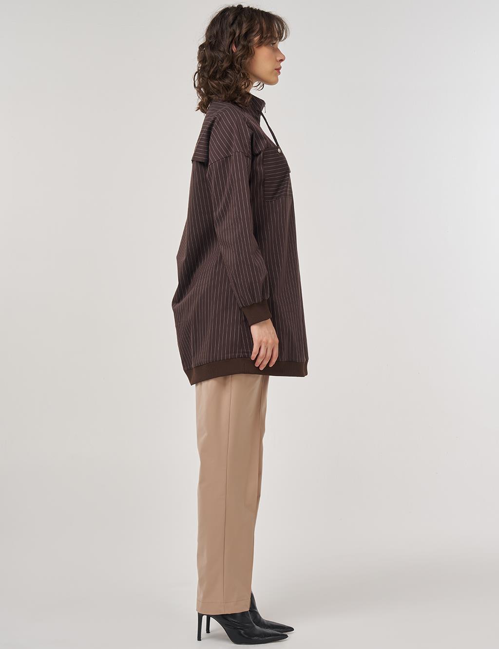 Cotton Tunic with Zipper Detail in Dark Brown
