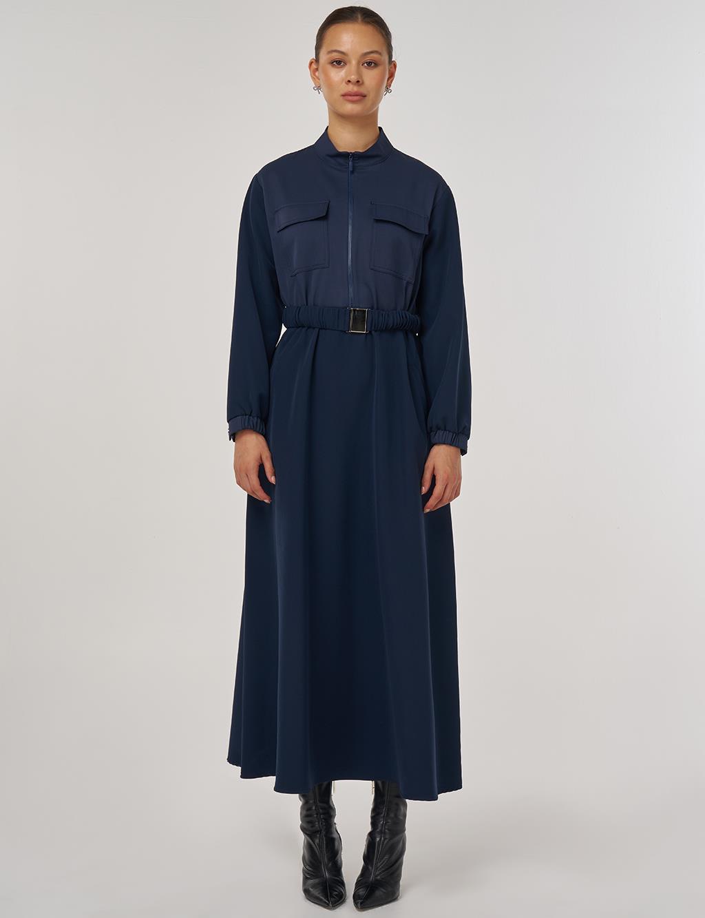 Maxi Dress with Elastic Belt and Flap Pockets in Dark Navy