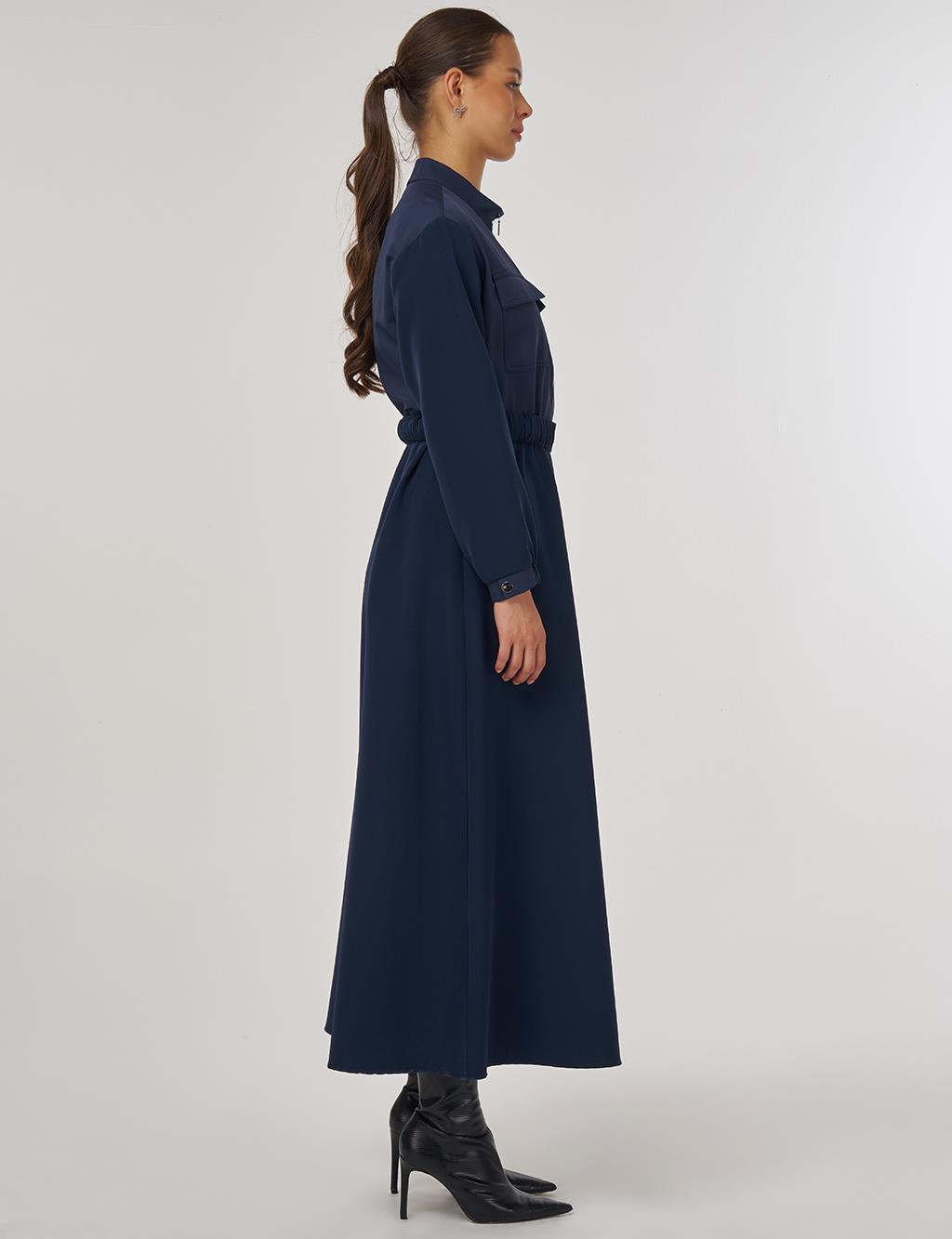 Maxi Dress with Elastic Belt and Flap Pockets in Dark Navy