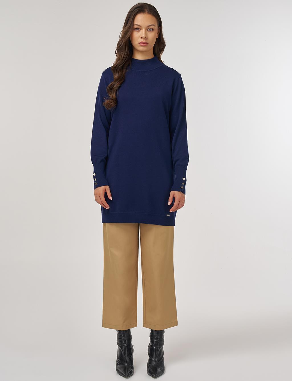 Half Turtleneck Basic Knit Tunic Navy Blue