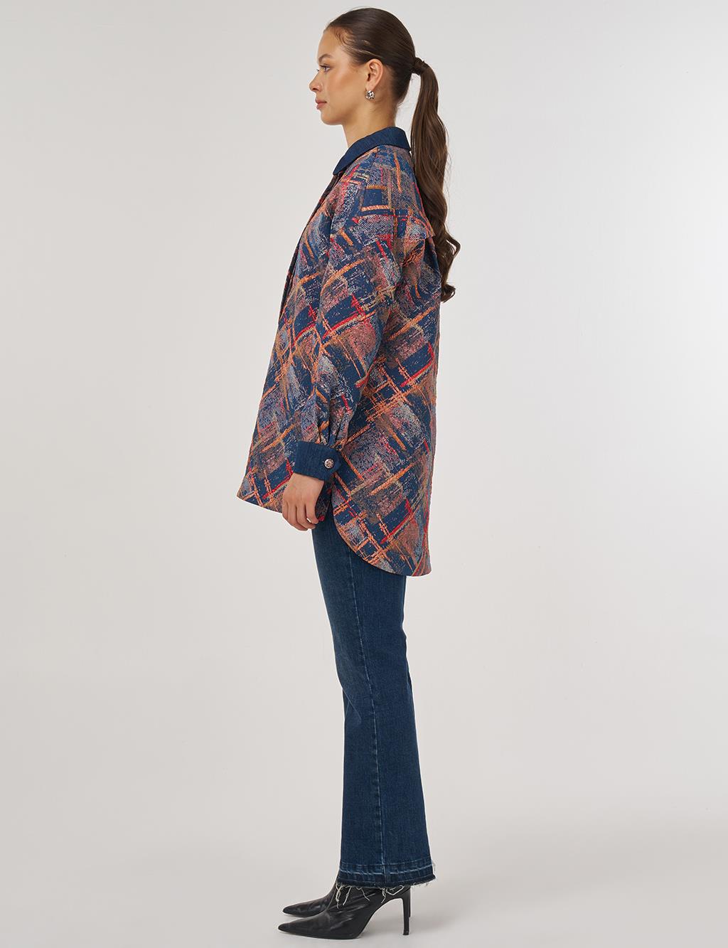 Denim Garnished Patterned Tunic in Red