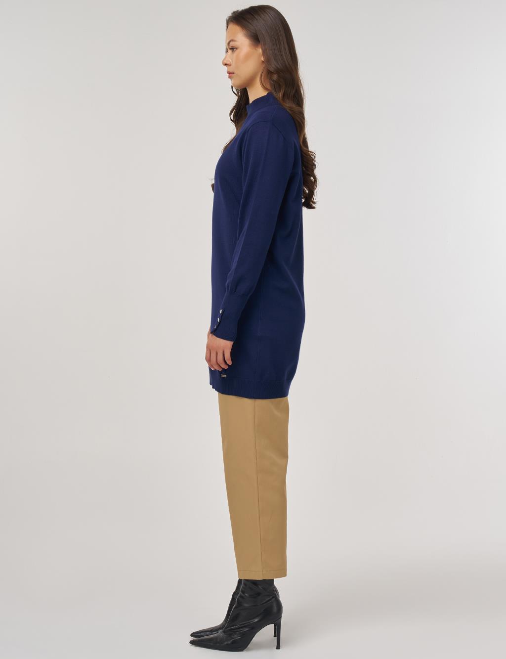 Half Turtleneck Basic Knit Tunic Navy Blue