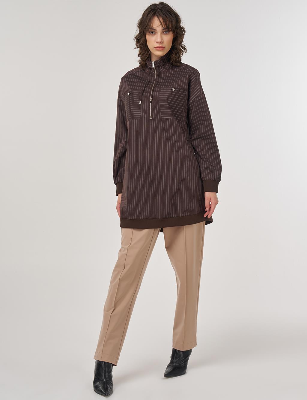 Cotton Tunic with Zipper Detail in Dark Brown