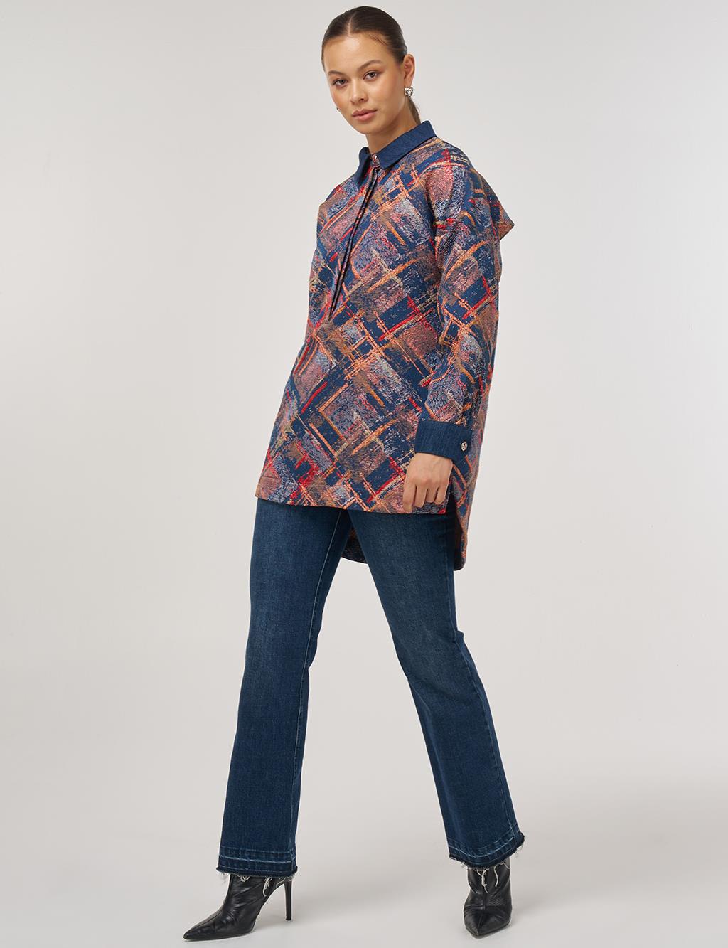 Denim Garnished Patterned Tunic in Red