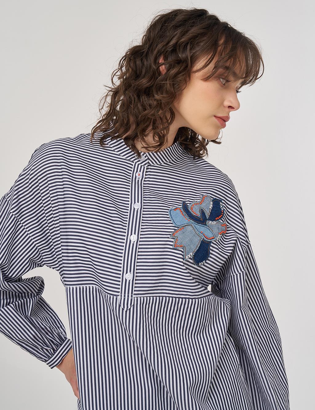 Embroidered Appliqued Beaded Mandarin Collar Tunic in Navy Blue