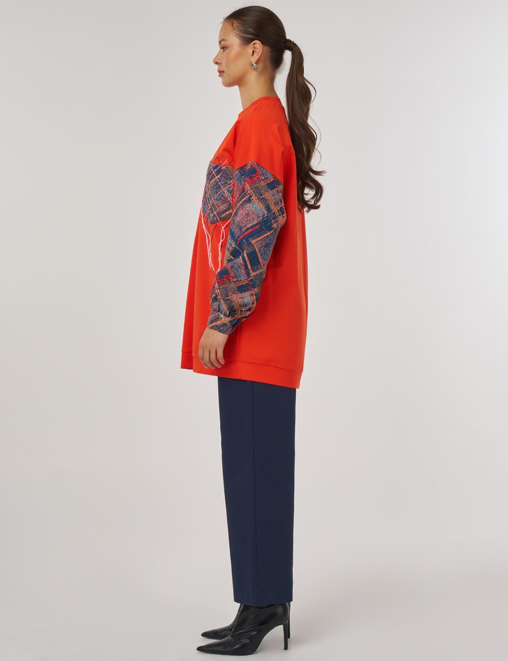 Soyut Desen Kumaş Garnili Cepli Tunik Mercan