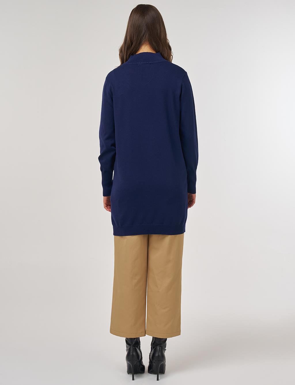Half Turtleneck Basic Knit Tunic Navy Blue