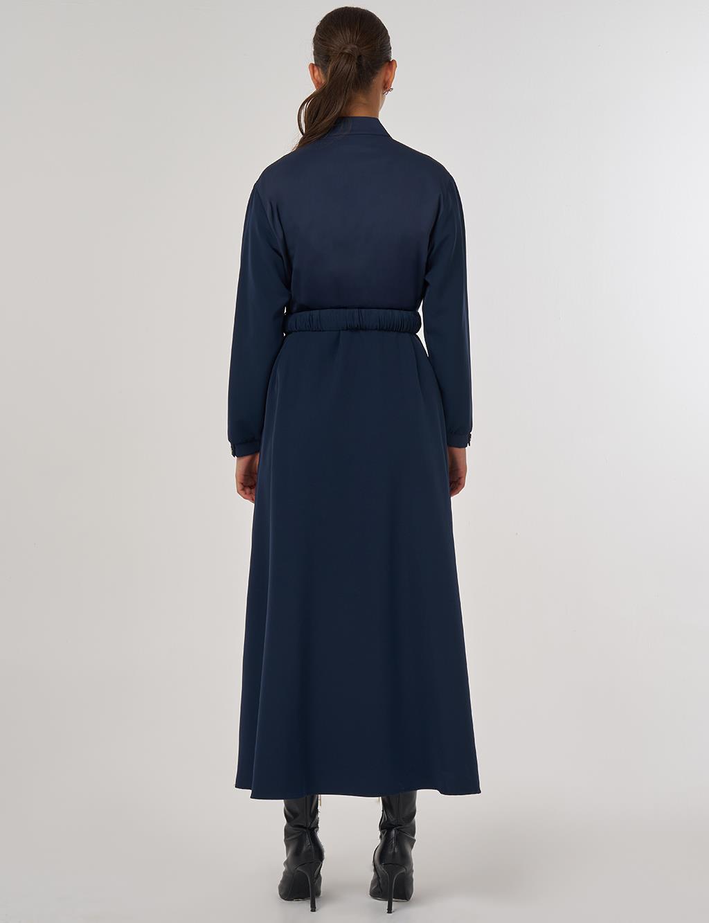 Maxi Dress with Elastic Belt and Flap Pockets in Dark Navy