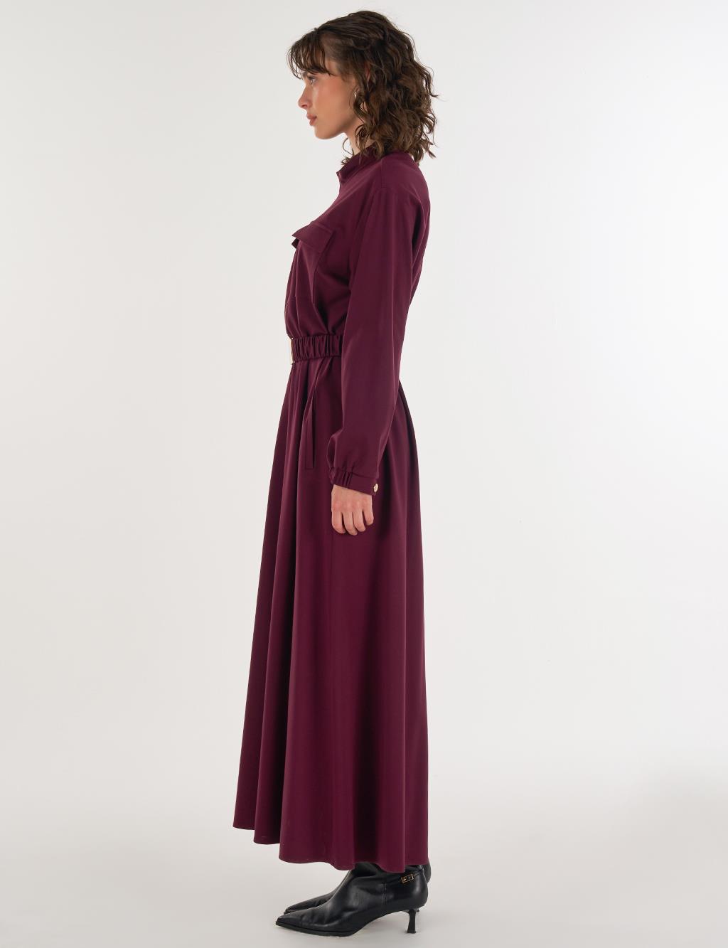 Maxi Dress with Elastic Belt and Flap Pockets in Dark Burgundy