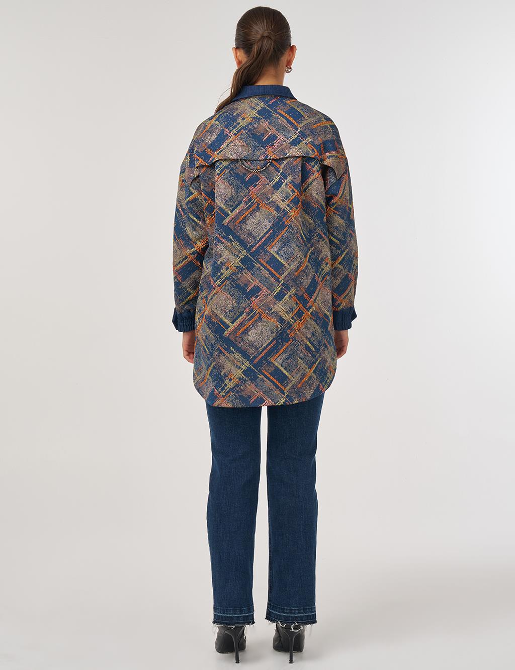 Denim Garnished Patterned Tunic in Pumpkin
