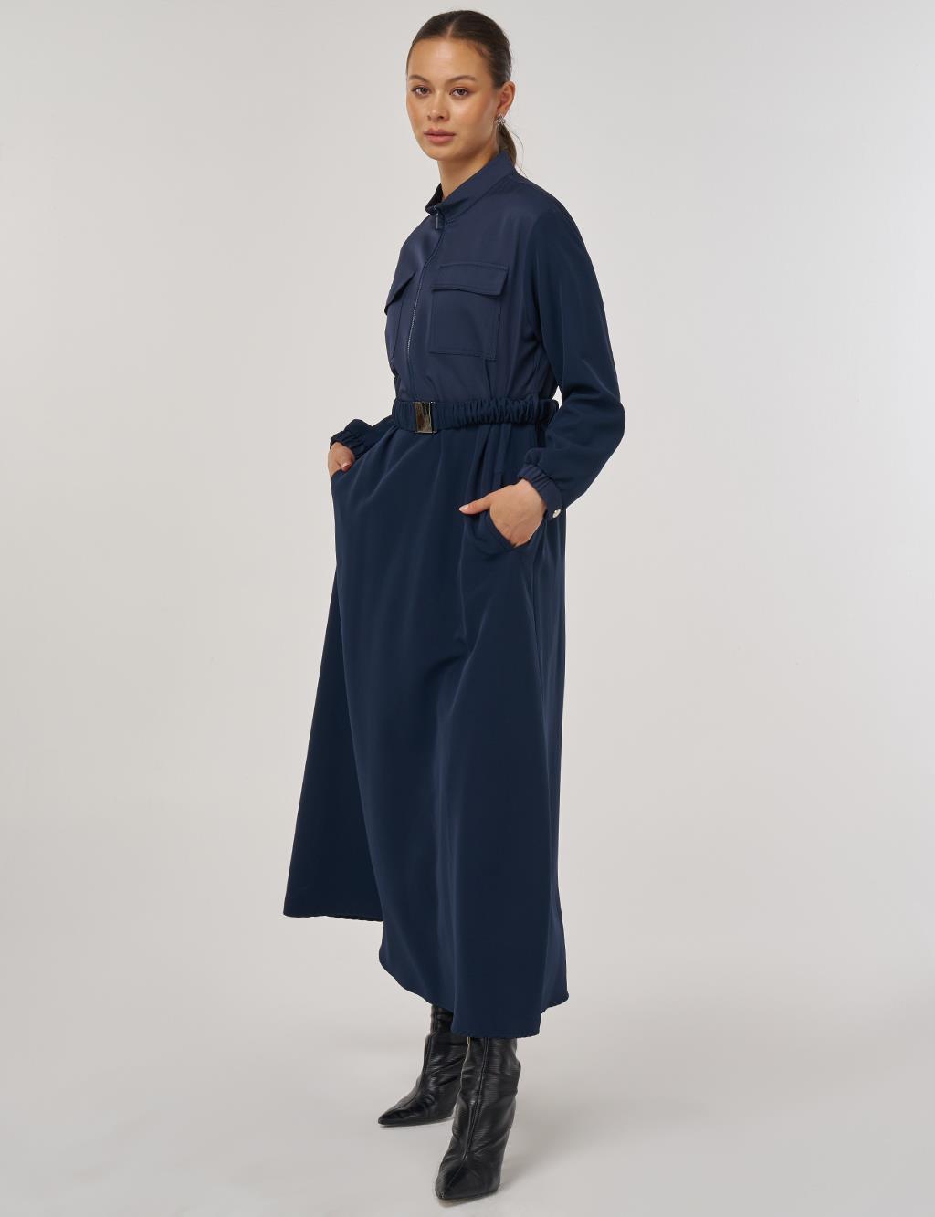 Maxi Dress with Elastic Belt and Flap Pockets in Dark Navy