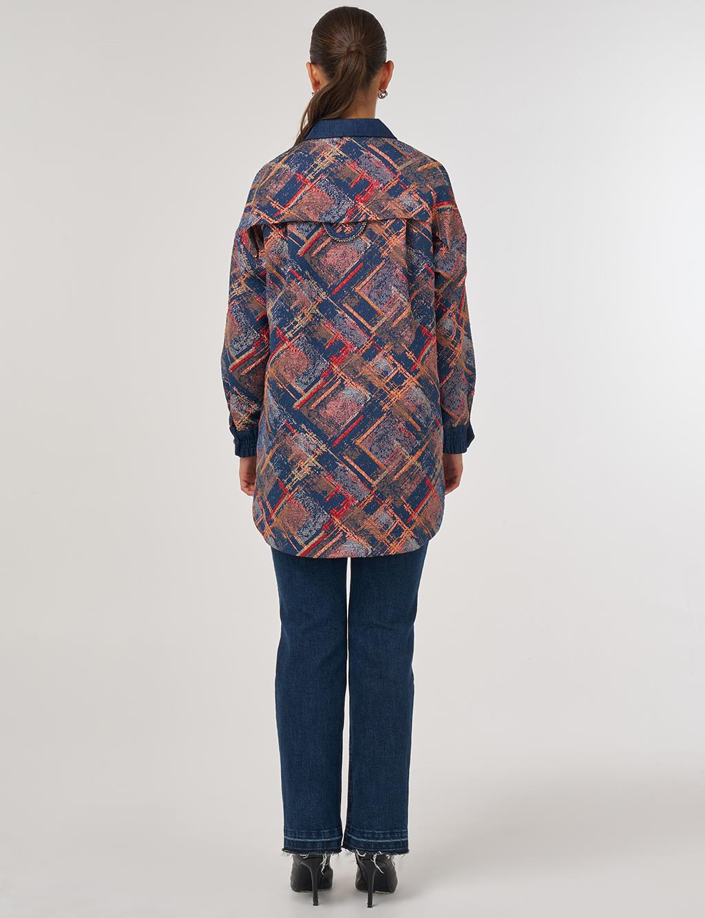 Denim Garnished Patterned Tunic in Red
