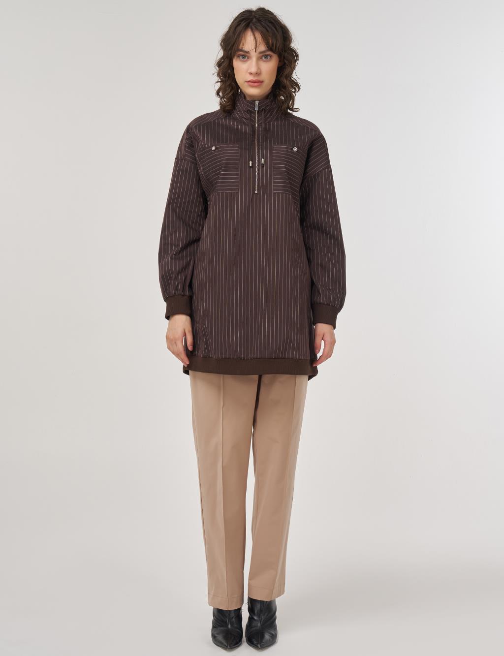 Cotton Tunic with Zipper Detail in Dark Brown