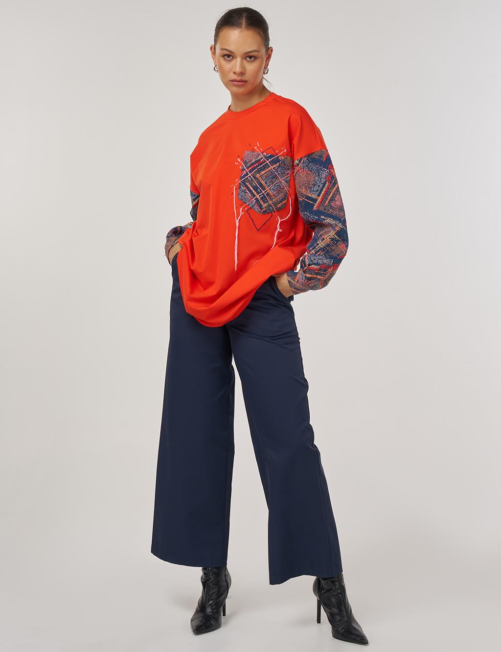 Soyut Desen Kumaş Garnili Cepli Tunik Mercan