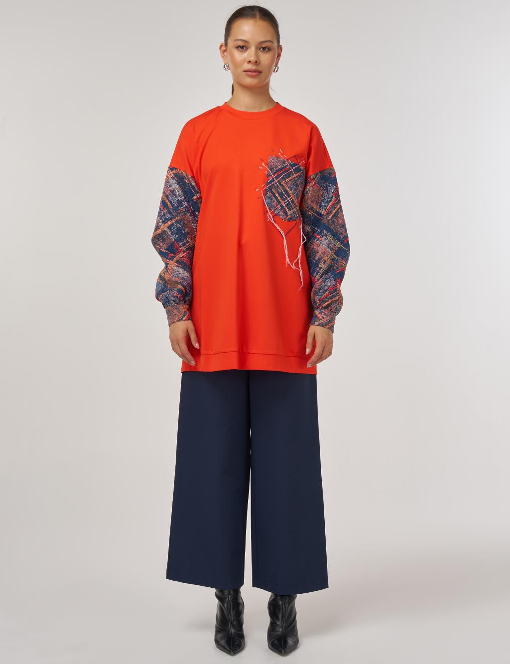 Soyut Desen Kumaş Garnili Cepli Tunik Mercan