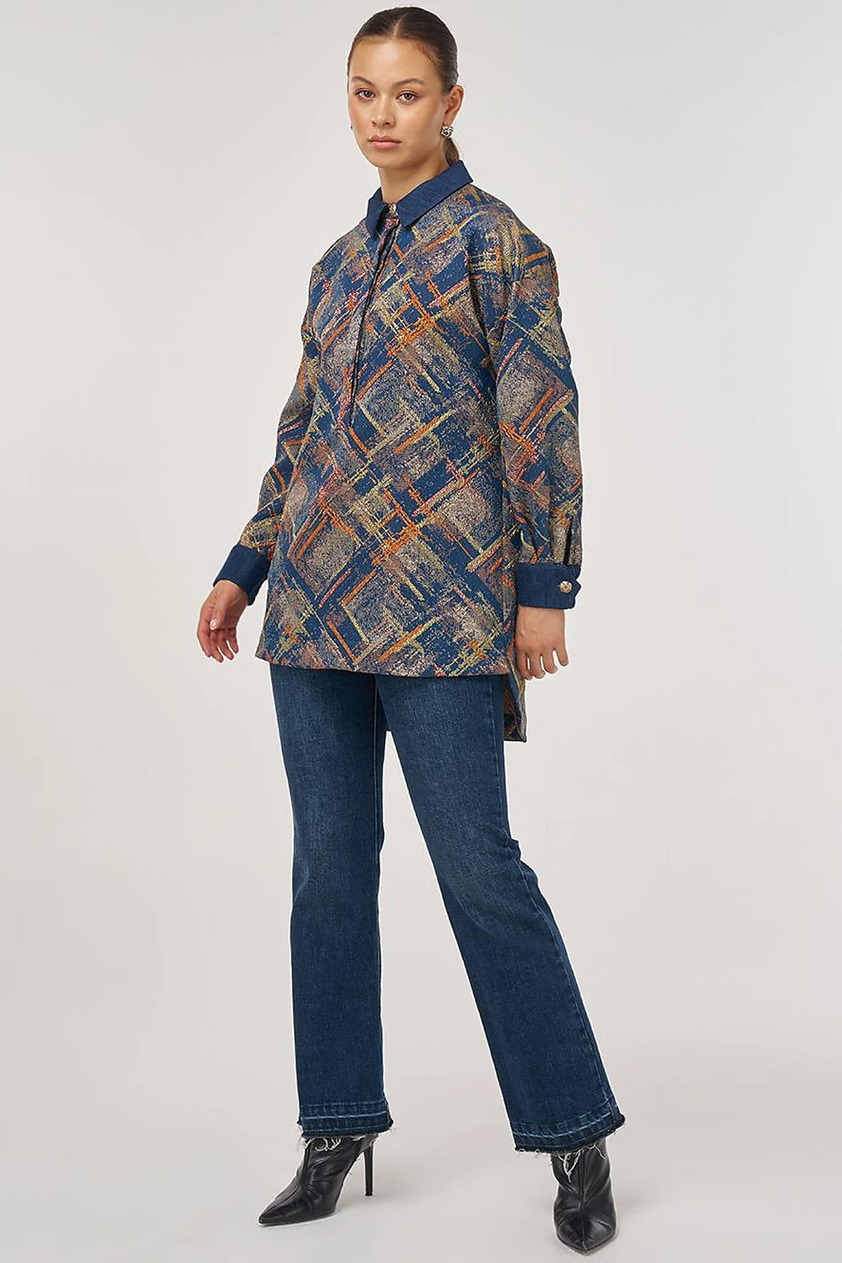 Denim Garnished Patterned Tunic in Pumpkin